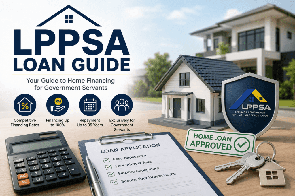 LPPSA loan guide for Malaysian government servants showing home financing, housing loan approval, calculator, property documents and house model.
