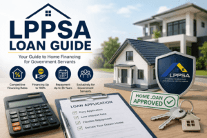 LPPSA loan guide for Malaysian government servants showing home financing, housing loan approval, calculator, property documents and house model.