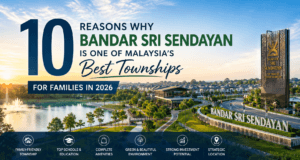 A panoramic view of Bandar Sri Sendayan featuring modern homes, landscaped parks, premium facilities and family-friendly amenities in Negeri Sembilan, Malaysia.